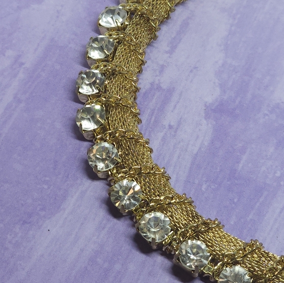 Gold Tone & Rhinestone Statement Mesh and Chain Necklace - Picture 5 of 10